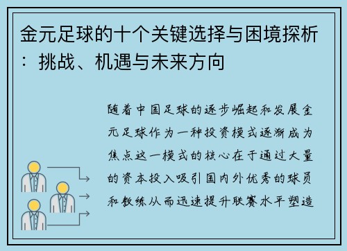 金元足球的十个关键选择与困境探析:挑战、机遇与未来方向 金元足球的十个关键选择与困境探析:挑战、机遇与未来方向
