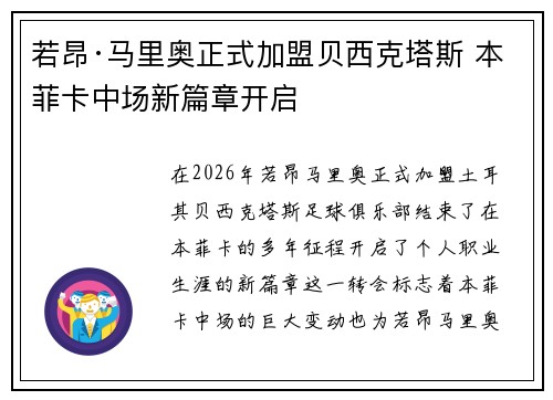 若昂·马里奥正式加盟贝西克塔斯 本菲卡中场新篇章开启